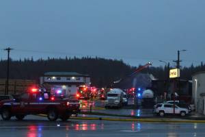 Emergency medical services respond to a structure fire at Amerigas on Thursday, Nov. 4, 2021 in Soldotna, Alaska. (Ashlyn OHara/Peninsula Clarion)