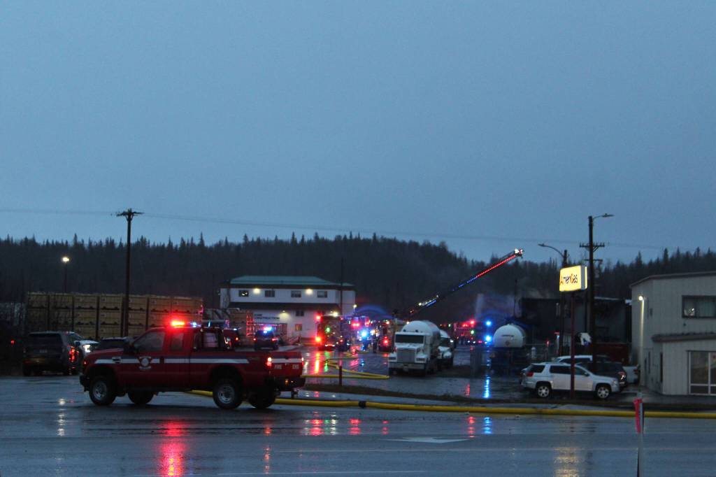 Emergency medical services respond to a structure fire at Amerigas on Thursday, Nov. 4, 2021 in Soldotna, Alaska. (Ashlyn OHara/Peninsula Clarion)
