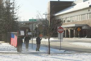 Protesters demonstrate outside of Central Peninsula Hospital on Friday, Nov. 5, 2021 in Soldotna, Alaska. The group was advocating for the use of ivermectin as a treatment option for a COVID-19 patient hospitalized at CPH. (Ashlyn OHara/Peninsula Clarion)