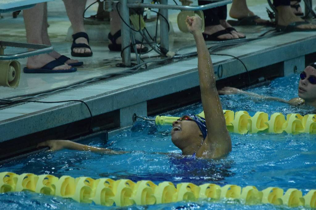 Homers Jillian Crooks wins the 200-meter freestyle during the state swimming finals at Bartlett High School in Anchorage on Saturday, Nov. 6, 2021. (Camille Botello/Peninsula Clarion)