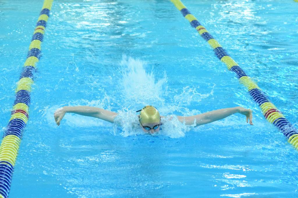Sewards Lydia Jacoby competes in the state swimming finals at Bartlett High School in Anchorage on Saturday, Nov. 6, 2021. The Olympian placed first in both her 200-yard individual medley and her 100-yard breaststroke races. (Camille Botello/Peninsula Clarion)