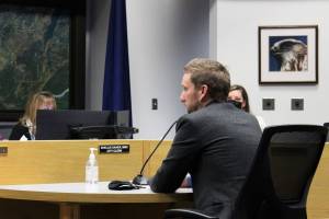 Alaskans for Better Elections Executive Director Jason Grenn presents on upcoming changes to Alaska elections during a meeting of the Soldotna City Council on Wednesday, Nov. 10, 2021 in Soldotna, Alaska. (Ashlyn OHara/Peninsula Clarion)