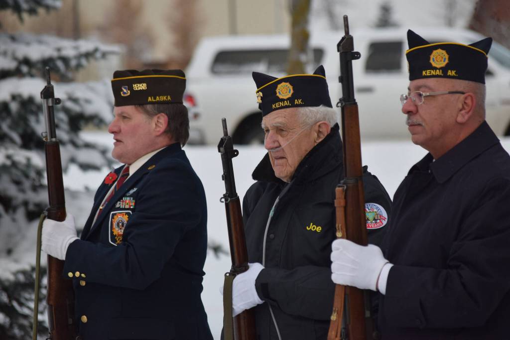 The Honor Guard performs a firearm salute at the Veterans Day celebration at Leif Hansen Memorial Park on Thursday, Nov. 11, 2021. (Camille Botello/Peninsula Clarion)