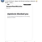 Bethany Wortham, under the Twitter handle @petuniawings, posts that Sen. Peter Micciche, R-Soldotna, blocked her account on Oct. 23, 2021. Wortham sued Micciche for blocking her account but has decided to drop the lawsuit. (Screenshot)