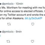 Sen. Peter Micciche, R-Soldotna, posts an apology to a constituent, Bethany Wortham, on Wednesday, Nov. 17, 2021 after she sued the lawmaker for blocking her on Twitter. Wortham has decided to drop the lawsuit. (Screenshot)