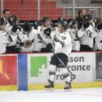 Caden Triggs of the Kenai River Brown Bears celebrates his first-period goal against the Springfield (Illinois) Jr. Blues on Thursday, Nov. 18, 2021, at the Soldotna Regional Sports Complex in Soldotna, Alaska. (Photo by Jeff Helminiak/Peninsula Clarion)
