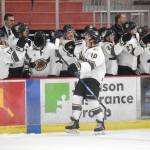 Caden Triggs of the Kenai River Brown Bears celebrates his first-period goal against the Springfield (Illinois) Jr. Blues on Thursday, Nov. 18, 2021, at the Soldotna Regional Sports Complex in Soldotna, Alaska. (Photo by Jeff Helminiak/Peninsula Clarion)