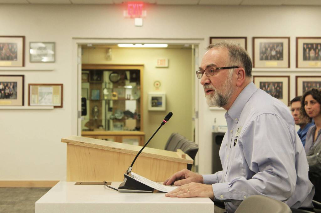 Homer Electric Association Director of Strategic Services David Thomas testifies during a meeting of the Kenai Peninsula Borough Assembly on Tuesday, Oct. 12, 2021 in Soldotna, Alaska. (Ashlyn O'Hara/Peninsula Clarion)