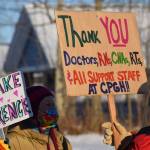 Members of the Many Voices advocacy group gather outside of Central Peninsula Hospital in Soldotna to demonstrate their support for healthcare staff on Saturday, Nov. 20, 2021. (Camille Botello/Peninsula Clarion)