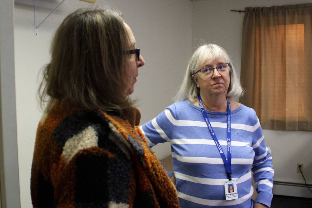 Love INC Executive Director Leslie Rohr (left) and Kathy Gensel, Kathy Gensel, president of Bridges Community Resource Network, Inc., stand in a bedroom at a cold weather shelter set to open next month on Monday, Nov. 22, 2021 in Nikiski, Alaska. (Ashlyn OHara/Peninsula Clarion)