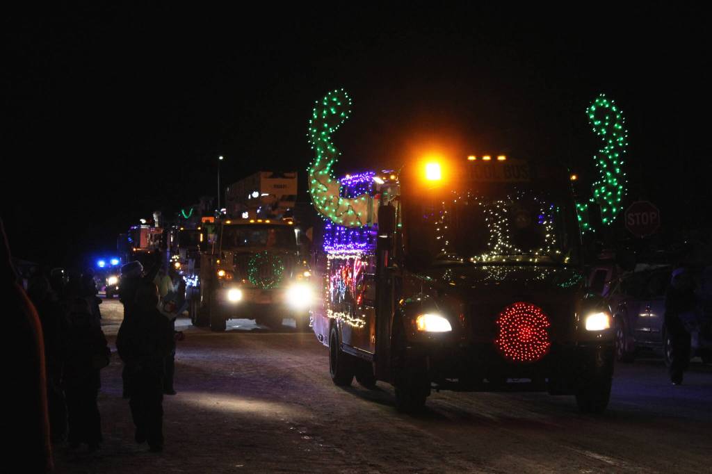 Floats participate in the Christmas Comes to Kenai parade on Friday, Nov. 26, 2021 in Kenai, Alaska. (Ashlyn OHara/Peninsula Clarion)