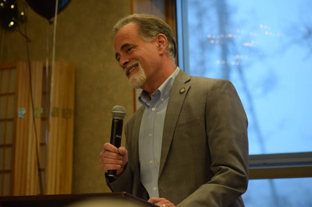 State Sen. Peter Micciche (R-Soldotna) speaks at the Kenai Senior Centers 50th anniversary reception on Tuesday, Nov. 30, 2021 in Kenai, Alaska. (Camille Botello/Peninsula Clarion)