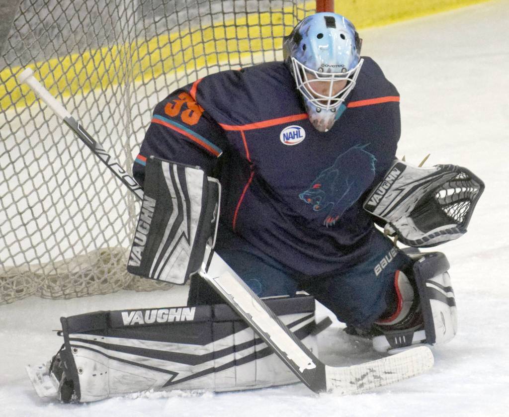 A shot by Kevin Marx Noren of the Kenai River Brown Bears slips past Anchorage Wolverines goalie Raythan Robbins on Friday, Dec. 3, 2021, at the Soldotna Regional Sports Complex in Soldotna, Alaska. (Photo by Jeff Helminiak/Peninsula Clarion)