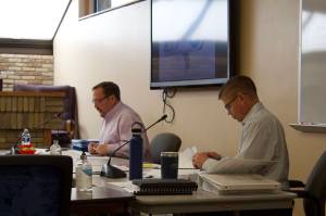 Terry Eubank (left) and Paul Ostrander address the Kenai City Council during a budget work session on Saturday, April 24, 2021 in Kenai, Alaska. (Ashlyn OHara/Peninsula Clarion)