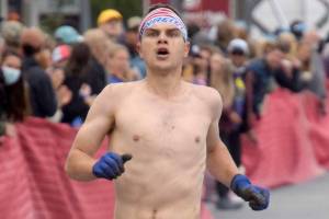 Soldotna's Galen Hecht finishes 16th in the men's Mount Marathon Race on Wednesday, July 7, 2021, in Seward, Alaska. (Photo by Jeff Helminiak/Peninsula Clarion)