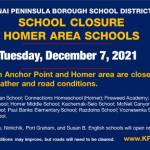 A school closure announcement from the Kenai Peninsula Borough School District was issued Monday, Dec. 6, 2021.