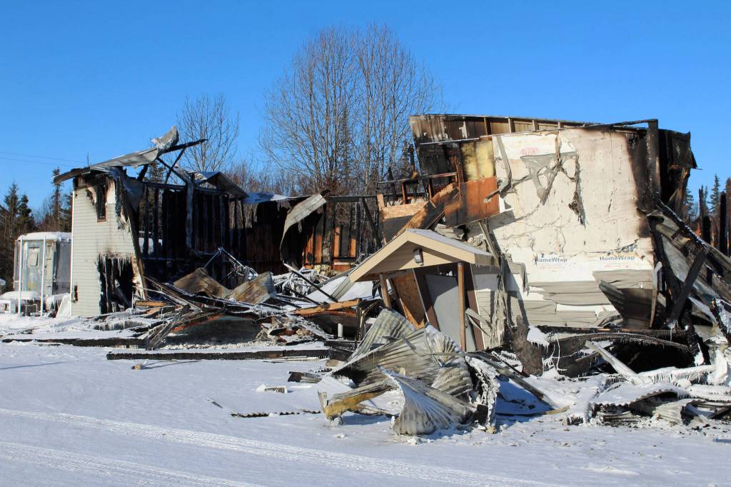 Triumvirate Theatre is seen on Monday, Feb. 22, 2021 in Nikiski, Alaska. The building burned in a fire on Feb. 20. (Ashlyn OHara/Peninsula Clarion)