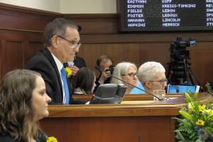 Alaska Lt. Gov. Kevin Meyer is seen on the floor of the Alaska House on Tuesday, Jan. 15, 2019, in Juneau, Alaska. Meyer, a Republican who oversees elections in Alaska, in November 2020, announced plans for a hand-count review of votes cast on a successful ballot initiative, which would change how elections in Alaska are conducted, casting the review as a way to calm questions that had been raised about the validity of election results. The Associated Press received emails on Nov. 30, 2021, hat were received by Meyers office with complaints or concerns about the election, more than a year after they were requested. (AP Photo/Becky Bohrer, File)