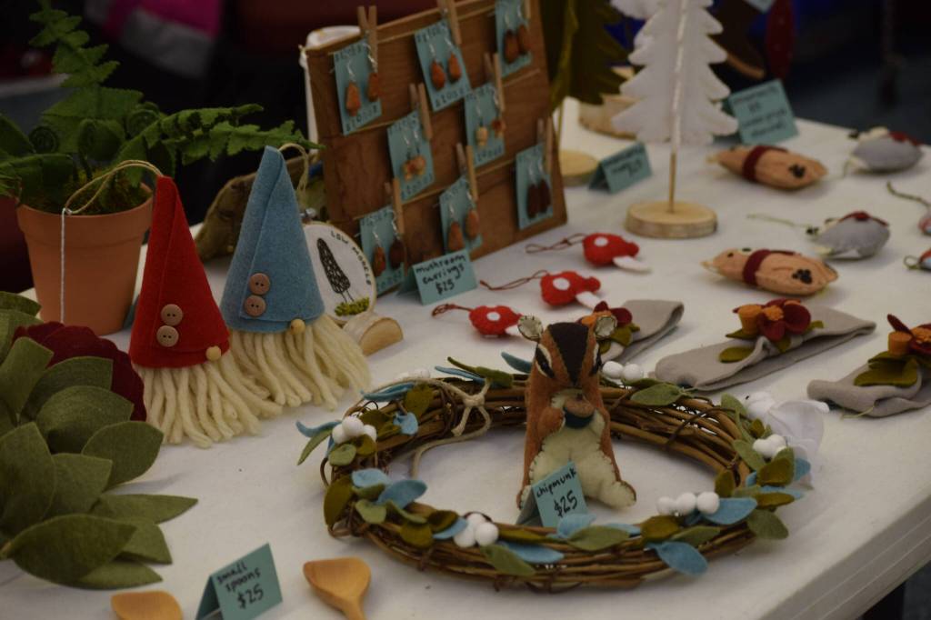 Felt art created by Hayden Barott is on sale at the Nikiski Community Recreation Center on Saturday, Dec. 11, 2021, in Nikiski, Alaska. (Camille Botello)