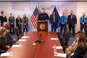Gov. Mike Dunleavy unveils the People First Iniative, a sweeping effort to target domestic violence and sexual assault, missing and murdered Indigenous persons, human sex trafficking, foster care and homelessness, in a Tuesday, Dec. 14, 2021 press conference in Anchorage, Alaska. (Photo courtesy Office of the Governor)