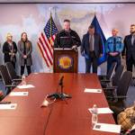 Gov. Mike Dunleavy unveils the People First Iniative, a sweeping effort to target domestic violence and sexual assault, missing and murdered Indigenous persons, human sex trafficking, foster care and homelessness, in a Tuesday, Dec. 14, 2021 press conference in Anchorage, Alaska. (Photo courtesy Office of the Governor)
