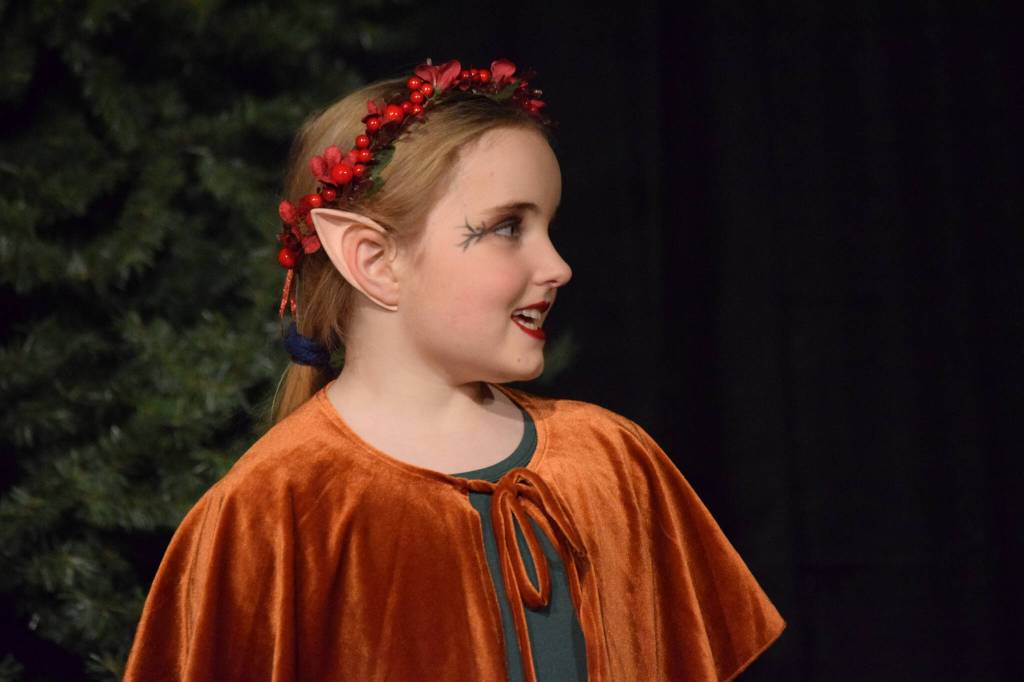 Morgan Hooper plays an elf during the Triumvirate Theatres rehearsal of The Chronicles of Narnia: The Lion, the Witch and the Wardrobe at Kenai Central High School on Tuesday, Dec. 14, 2021. (Camille Botello/Peninsula Clarion)
