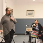 Love INC of the Kenai Peninsula Executive Director Leslie Rohr fields questions from community members during a town hall to discuss a cold weather shelter in Nikiski on Wednesday, Dec. 15, 2021 in Nikiski, Alaska. (Ashlyn OHara/Peninsula Clarion)