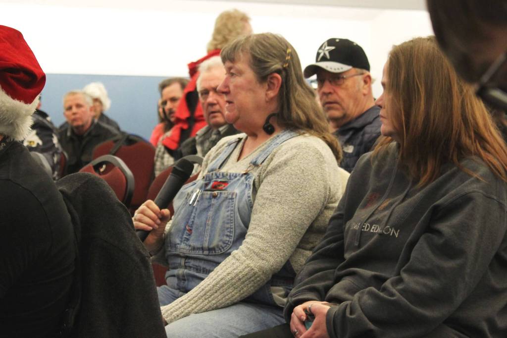 Nikiski resident Wenda Kennedy speaks during a community town hall on a cold weather shelter in Nikiski on Wednesday, Dec. 15, 2021 in Nikiski, Alaska. (Ashlyn OHara/Peninsula Clarion)