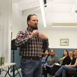 Rep. Ben Carpenter facilitates a town hall in Nikiski, Alaska, about a new cold weather shelter in the community on Wednesday, Dec. 15, 2021. (Ashlyn OHara/Peninsula Clarion)