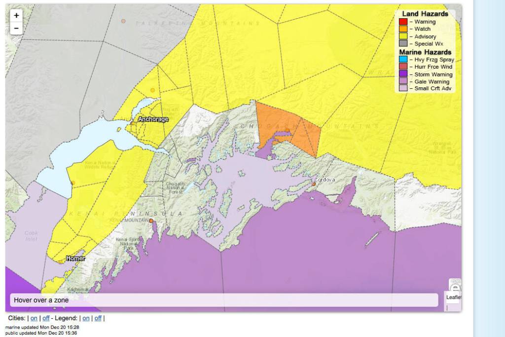 The National Weather Service has issued a winter weather advisory for the western Kenai Peninsula on Monday. (Screenshot)