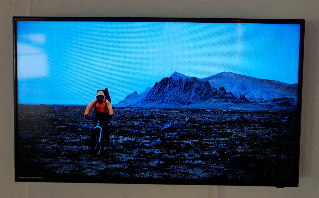 Kim McNetts exhibit at Bunnell Street Arts Center a video done by her partner, Bjørn Olson, of their travels throughout Alaska. The show continues through Dec. 24, 2021, at the gallery in Homer, Alaska. (Photo by Michael Armstrong/Homer News)