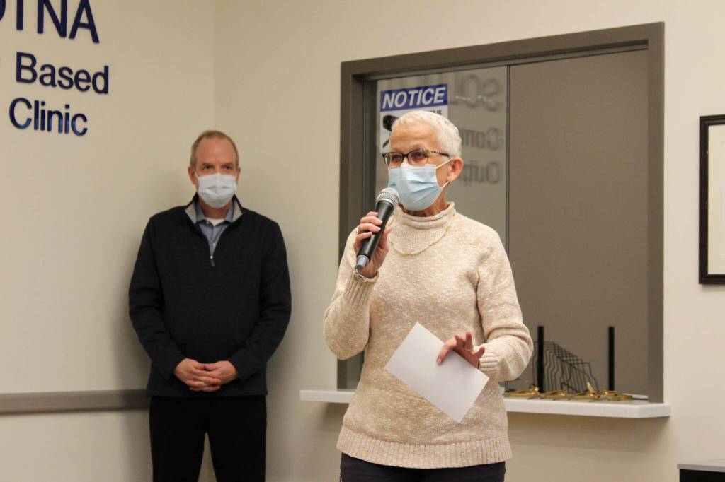 Dr. Teresa Boyd, D.O., speaks at a ribbon cutting ceremony at the Soldotna Community Based Outpatient Clinic on Wednesday, Dec. 29, 2021 in Soldotna, Alaska. (Ashlyn OHara/Peninsula Clarion)
