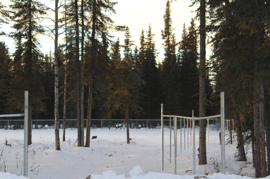 Fencing marks the boundaries of a planned dog park near Daubenspeck Park on Monday, Dec. 27, 2021 in Kenai, Alaska. (Ashlyn OHara/Peninsula Clarion)