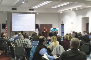 Alaska Association of Realtors President Dale Bagely presents a regional real estate update during the Kenai Peninsula Economic Development Districts 2022 Industry Outlook Forum on Thursday, Jan. 6, 2021 in Kenai, Alaska. (Ashlyn OHara/Peninsula Clarion)