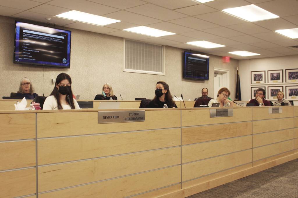 The Kenai Peninsula Borough School District Board of Education meets on Monday, Dec. 6, 2021 in Soldotna, Alaska. (Ashlyn OHara/Peninsula Clarion)