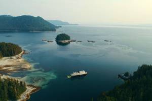 A Uncruise Adventures cruise ship, with a fleet of kayaks in the water behind it, in the Tongass National Forest. Uncruise, a boutique local cruise ship operator, has been vocal about the importance of the intact Tongass National Forest, or SeaBank, to its business. (Photo by Ben Hamilton/courtesy Salmon State)