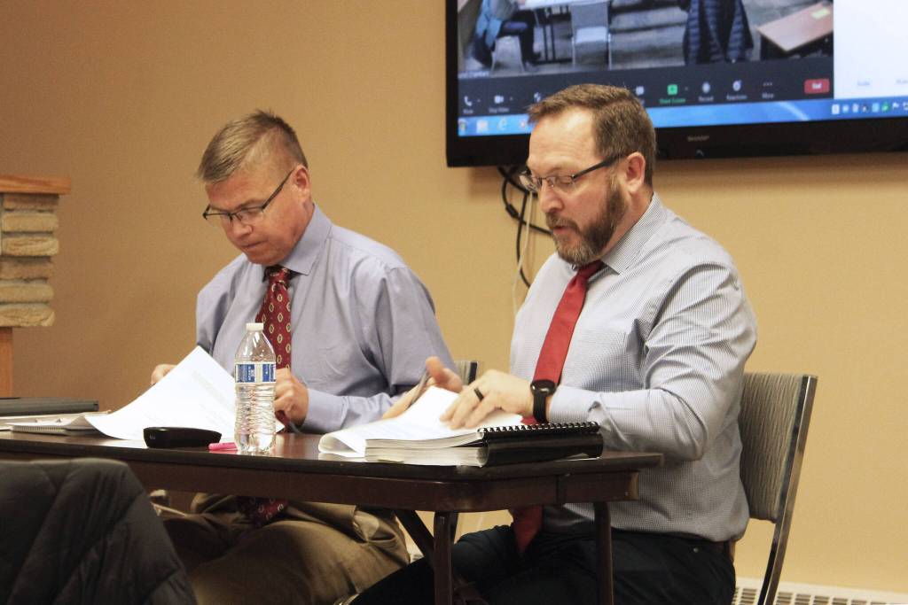 Kenai City Manager Paul Ostrander (left) and Kenai Finance Director Terry Eubank moderate a city council work session discussing budget goals at Kenai City Hall on Monday, Jan. 10, 2021 in Kenai, Alaska. (Ashlyn OHara/Peninsula Clarion)