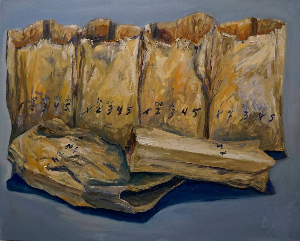 Paper Bag System is one of the paintings in Dr. Sami Alis exhibit, The Mind of a Healthcare Worker During the COVID-19 Pandemic, showing in January 2022 at the Homer Council on the Arts in Homer, Alaska. The painting shows the system healthcare workers used to rotate used face masks during the early days when they had shortages. (Photo by Michael Armstrong/Homer News)