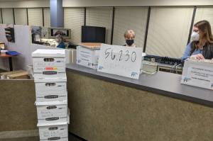 Signatures for a ballot initiative to have the State of Alaska recognize the 229 federally-recognized tribal governments were submitted to Division of Elections offices in Anchorage Wednesday, Jan. 12, 2022. The campaign was able to collect 56,230 signatures - well over the minimum requirement - meaning Alaskan voters will likely see the initiative on the November ballot. (Courtesy photo / Alaskans for Better Government)