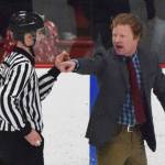 Fairbanks head coach Trevor Stewart argues a penalty call on the ice with a referee Saturday, Nov. 23, 2019, at the Soldotna Regional Sports Complex in Soldotna, Alaska. (Photo by Joey Klecka/Peninsula Clarion)