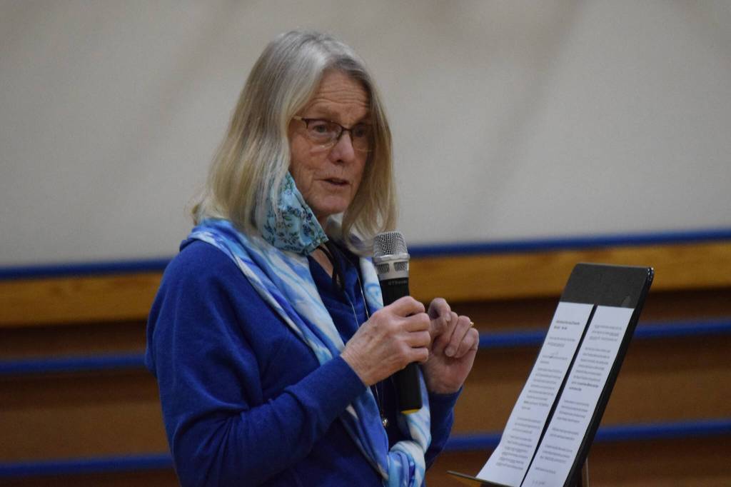 School board member Penny Vadla speaks about the National Blue Ribbon award during an assembly at Soldotna Montessori Charter School on Friday, Jan 14, 2022. (Camille Botello / Peninsula Clarion)