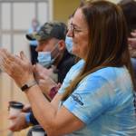 Teacher Terri Carter celebrates the National Blue Ribbon award during an assembly at Soldotna Montessori Charter School on Friday, Jan 14, 2022. (Camille Botello / Peninsula Clarion)