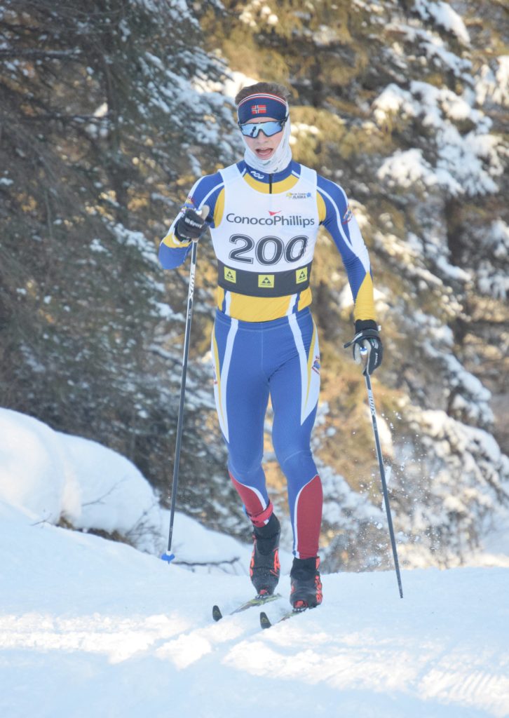 Kenai Centrals Tyler Hippchen competes at Besh Cup 4 on Sunday, Jan. 16, 2022, at Tsalteshi Trails just outside of Soldotna, Alaska. (Photo by Jeff Helminiak/Peninsula Clarion)