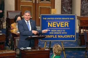 In this image from Senate Television, Sen. Joe Manchin, D-W.Va., speaks on the floor of the U.S. Senate Wednesday, Jan. 19, 2022, at the U.S. Capitol in Washington. (Senate Television via AP)