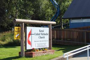 A sign welcomes people to Kenai United Methodist Church on Monday, Sept. 6, 2021 in Kenai, Alaska. (Ashlyn OHara/Peninsula Clarion)