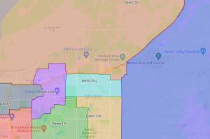 Screenshot / Alaska Redistricting Board
The Alaska Redistricting Boards decision to pair District 21 (teal) and District 22 (purple) into one senate district is the subject of a lawsuit from East Anchorage residents of District 21. An Anchorage Superior Court heard the first arguments in that case on Friday, Jan. 21, 2022, part of several lawsuits against the Redistricting Board that have been consolidated into a single case.