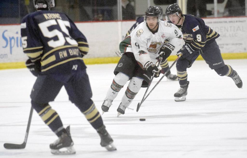 Kenai River Brown Bears forward Kris Zapata brings the puck up the ice against the Janesville (Wisconsin) Jets on Sunday, Jan. 23, 2022, at the Soldotna Regional Sports Complex. (Photo by Jeff Helminiak/Peninsula Clarion)