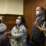 Carley Rose Kelley; First Lady of Alaska Rose Dunleavy; Department of Corrections officer Sergeant Ken Noland and Alaskas first Miss America pageant winner Emma Boyles, applaud Gov. Mike Dunleavys State of the State address on Tuesday, Jan. 25, 2022. Kelley was a guest of the governor for her work as a recovering addict turned advocate for at-risk and homeless youth, and received one of the longest rounds of applause when the governor introduced her during his speech. (Peter Segall / Juneau Empire)