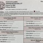 Shown is a primary demonstration ballot at the Alaska Division of Elections office in Anchorage, Alaska on Jan. 21, 2022. Alaska elections will be held for the first time this year under a voter-backed system that scraps party primaries and sends the top four vote-getters regardless of party to the general election, where ranked choice voting will be used to determine a winner. No other state conducts its elections with that same combination. (AP Photo/Mark Thiessen)