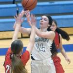 Soldotnas Ellie Burns shoots over Kenais Erin Koziczkowski at Soldotna High School on Friday, Jan. 28, 2022, in Soldotna, Alaska. (Photo by Jeff Helminiak/Peninsula Clarion)